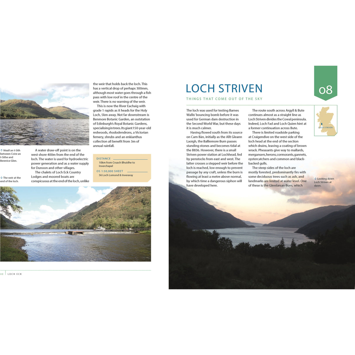 The "Lochs of Scotland" book by Conway offers a two-page spread on Loch Striven, featuring a map, small boat image, informative text, and a large scenic photo of the loch at sunset, plus sections on its history and wildlife for Scottish adventure enthusiasts.