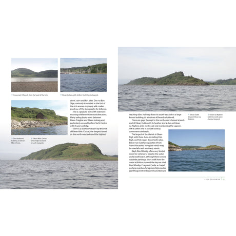 In Conway's "Lochs of Scotland," a two-page spread presents Eilean Dubh and Ardness Point. The left page includes images of dunes, a chapel, and a bay, while the right highlights lush hills and water with text offering an insightful guide to Scottish lochs.