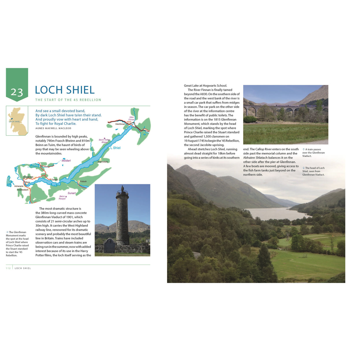 A scenic landscape showcases Loch Shiel in Scotland with mountains behind it and a monument on grassy foreground. On the left, a map and text from Conway's "Lochs of Scotland" guide emphasize Loch Shiel's significance.