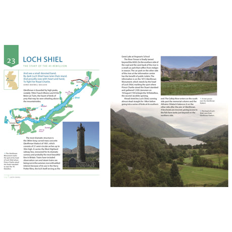 A scenic landscape showcases Loch Shiel in Scotland with mountains behind it and a monument on grassy foreground. On the left, a map and text from Conway's "Lochs of Scotland" guide emphasize Loch Shiel's significance.