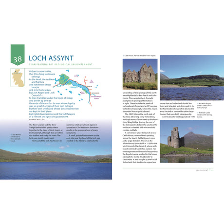 The Lochs of Scotland by Conway features a two-page spread on Loch Assynt with a map, historical insights, and images of castle ruins by the lake and scenic views of the loch with hills beyond, making it perfect for any Scottish lochs guide.