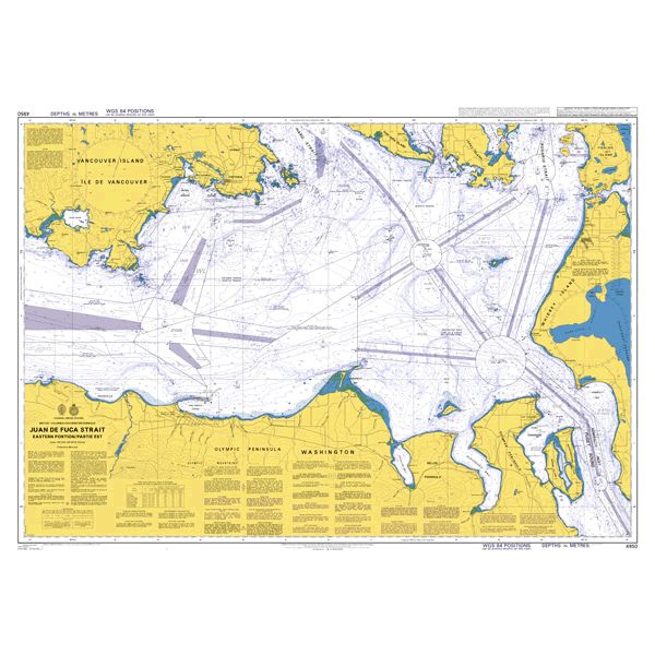 Product image of Admiralty Chart 4950 | Juan de Fuca Strait Eastern Portion/Partie Est, featuring navigational markings, depth soundings, and coastal features, essential for safe marine navigation. It could be displayed as an art piece or used for navigation on a boat or ship.