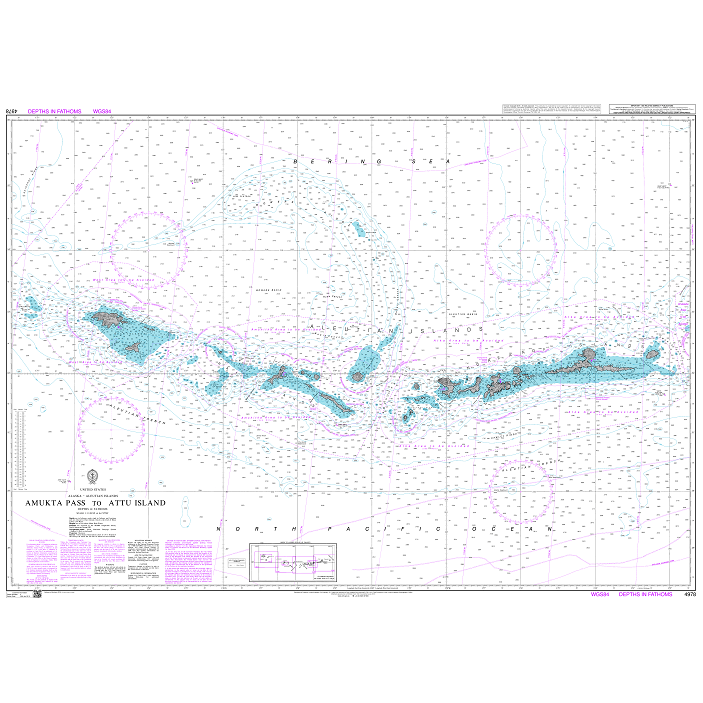 Product image of Admiralty Chart 4978 | Amukta Pass to Attu Island, featuring navigational markings, depth soundings, and coastal features, essential for safe marine navigation. It could be displayed as an art piece or used for navigation on a boat or ship.