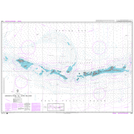 Product image of Admiralty Chart 4978 | Amukta Pass to Attu Island, featuring navigational markings, depth soundings, and coastal features, essential for safe marine navigation. It could be displayed as an art piece or used for navigation on a boat or ship.