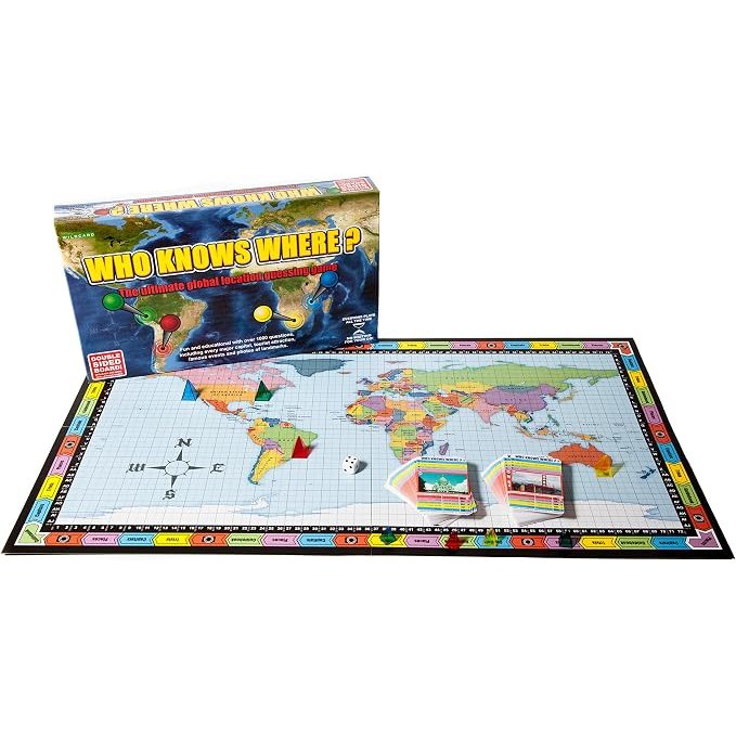 Who Knows Where? board game featuring a world map board, two stacks of cards, a die, and four colored player tokens, shown with its illustrated box to help players learn about our world.
