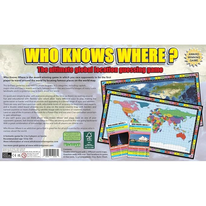 The back of the Who Knows Where? board game box shows a world map and game cards alongside text detailing the rules and contents of this location guessing game.