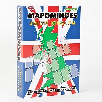 Mapominoes United Kingdom game box featuring a map of the UK with empty tile spaces overlaid on a Union Jack flag pattern.