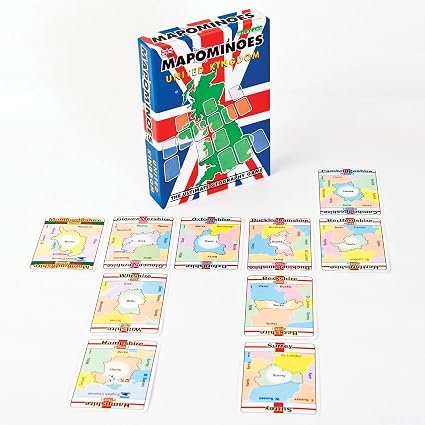 Mapominoes United Kingdom game box featuring a Union Jack design, with several playing cards laid out in front, each displaying a map of a different UK county.