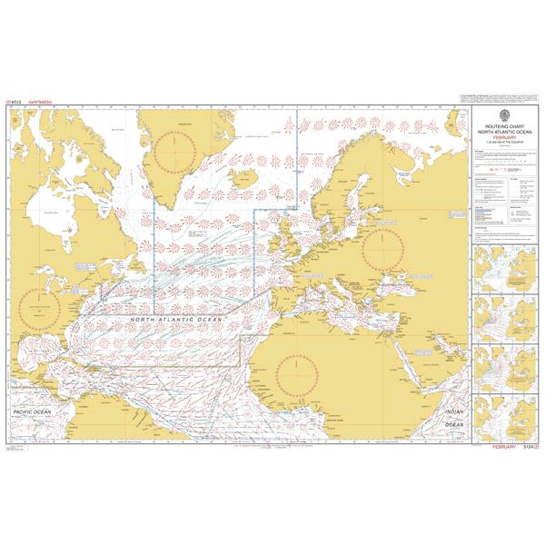 Admiralty Routeing Chart 5124(2): North Atlantic Ocean – February shows wind and current patterns, ocean routes, and surrounding continents, with compass roses and detailed red and blue notations. Produced by Admiralty.