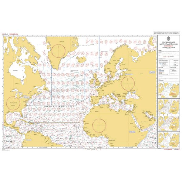 Admiralty Routeing Chart 5124(11): North Atlantic Ocean - November shows Europe, North America, and northern Africa with currents, wind patterns, shipping routes, and Admiralty routeing details on the right. Brand: Admiralty.
