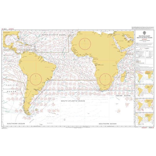Admiralty Routeing Chart 5125(8): South Atlantic Ocean - August shows South America, Africa, wind directions, ocean currents, shipping routes, navigational markings plus insets and a legend on the right side. Brand: Admiralty.