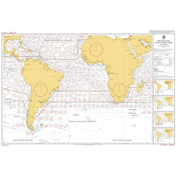 The Admiralty Routeing Chart 5125(10): South Atlantic Ocean - October by Admiralty displays South America and Africa, with ocean currents marked in red, wind directions, and key navigational details for passage planning.