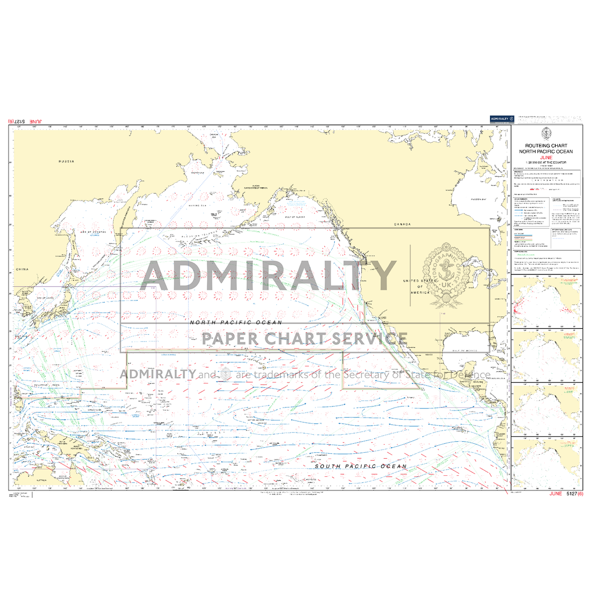 Admiralty Routeing Chart 5127(6): North Pacific Ocean - June shows ocean currents with a legend, continent and island outlines, and notes on the right. An essential Admiralty map for navigation and planning passages across the North Pacific.