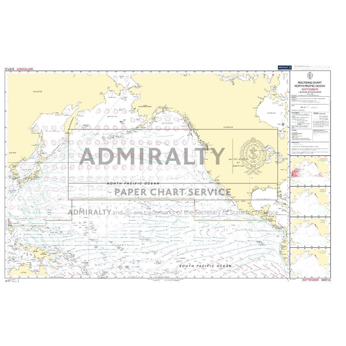 Admiralty Routeing Chart 5127(9): North Pacific Ocean - September shows prevailing winds, currents, and shipping routes with color-coded arrows. Features labels for North America, Asia, island regions and is watermarked “ADMIRALTY Routeing Chart.”.