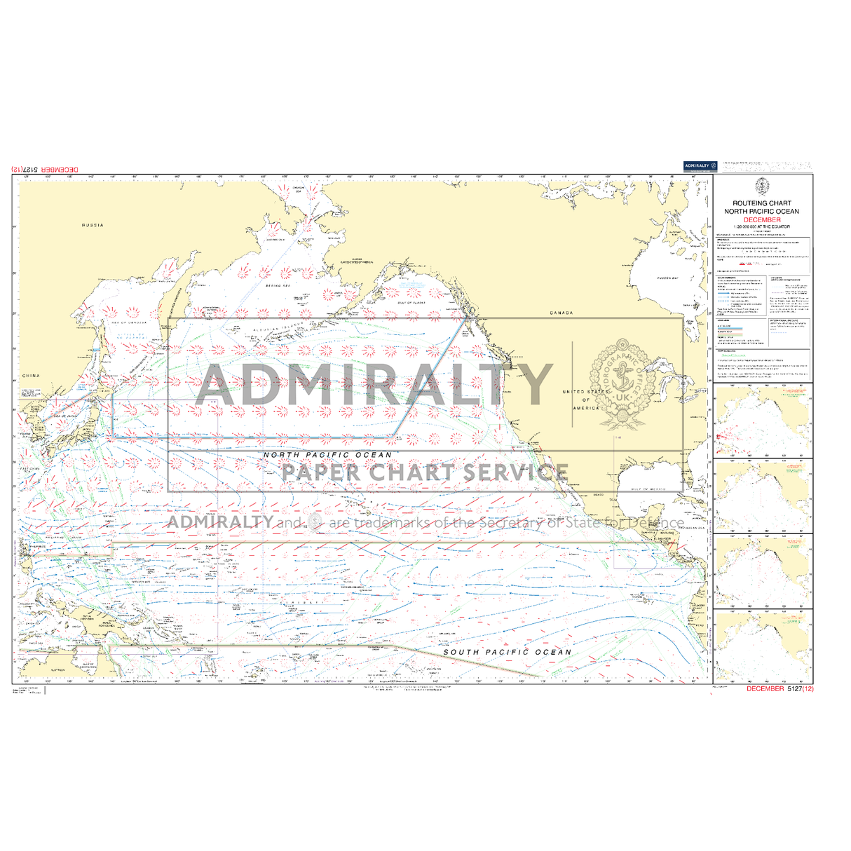 The Admiralty Routeing Chart 5127(12): North Pacific Ocean - December by Admiralty shows major ocean currents, shipping routes, and coastlines. Title and labels like “ADMIRALTY ROUTEING CHART” provide key navigation information.