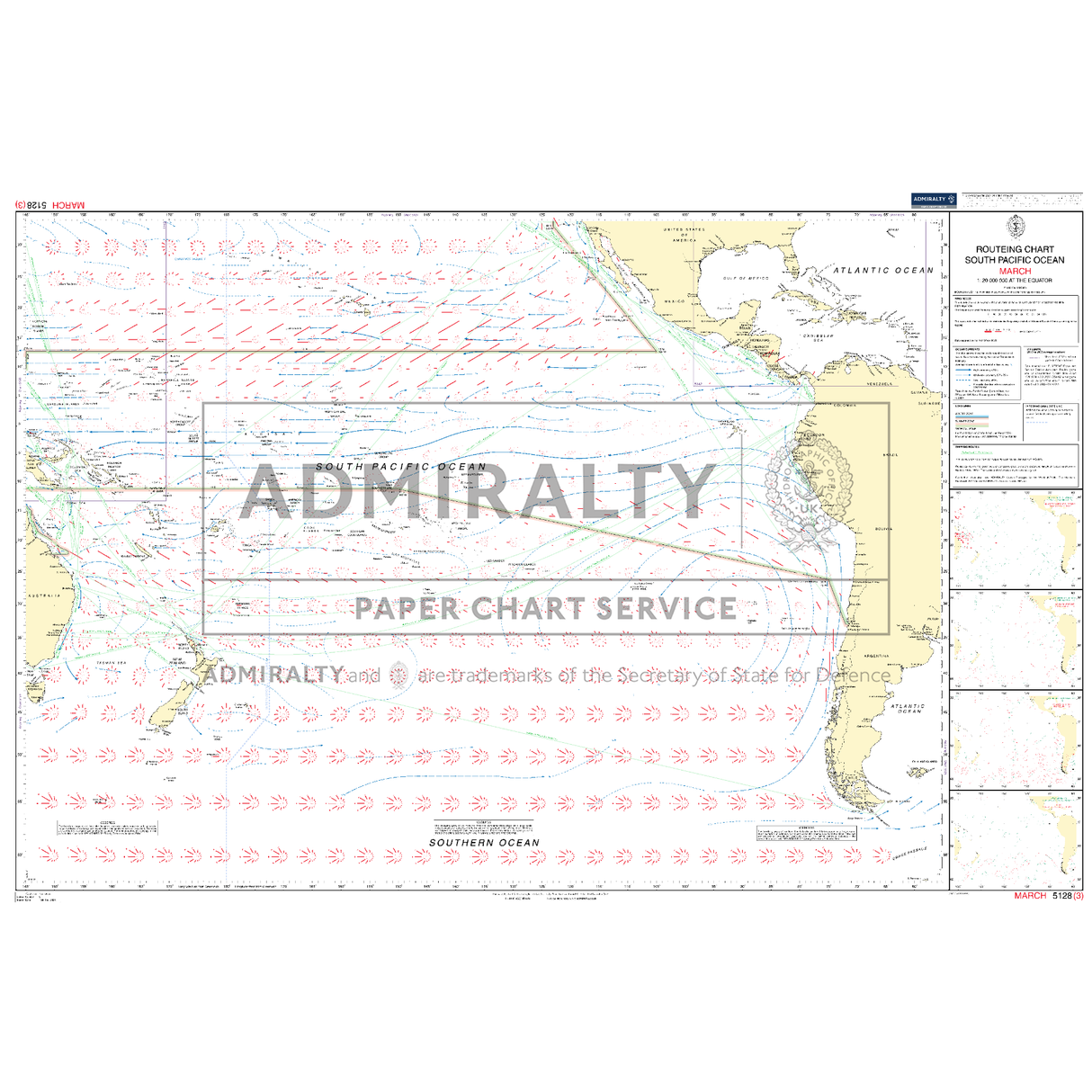 Admiralty Routeing Chart 5128(3): South Pacific Ocean - March displays major ocean passages, wind patterns, currents, coastal outlines, islands, and navigational info with arrows and colored lines. Essential for route planning. Brand: Admiralty.