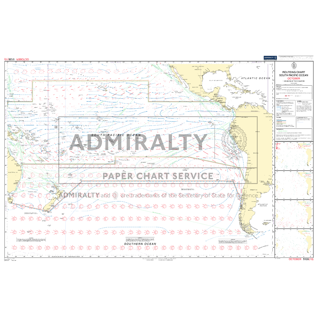 Admiralty Routeing Chart 5128(10): South Pacific Ocean - October shows ocean currents, coastlines, islands, navigation details, and includes Admiralty Routeing Chart insets with a prominent "ADMIRALTY" watermark across the center.