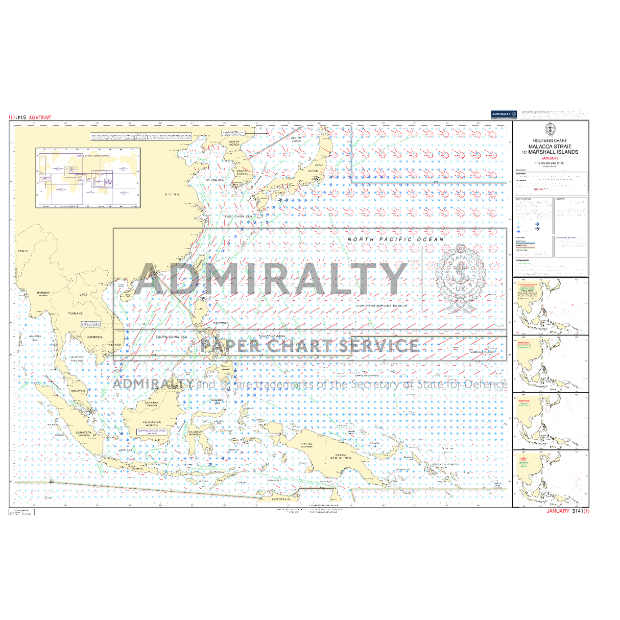 Admiralty Routeing Chart 5141(1): Malacca Strait to Marshall Islands – January shows the North Pacific, including Southeast Asia, the Philippines, and Marshall Islands, with navigational info and "ADMIRALTY PAPER CHART SERVICE" watermark.