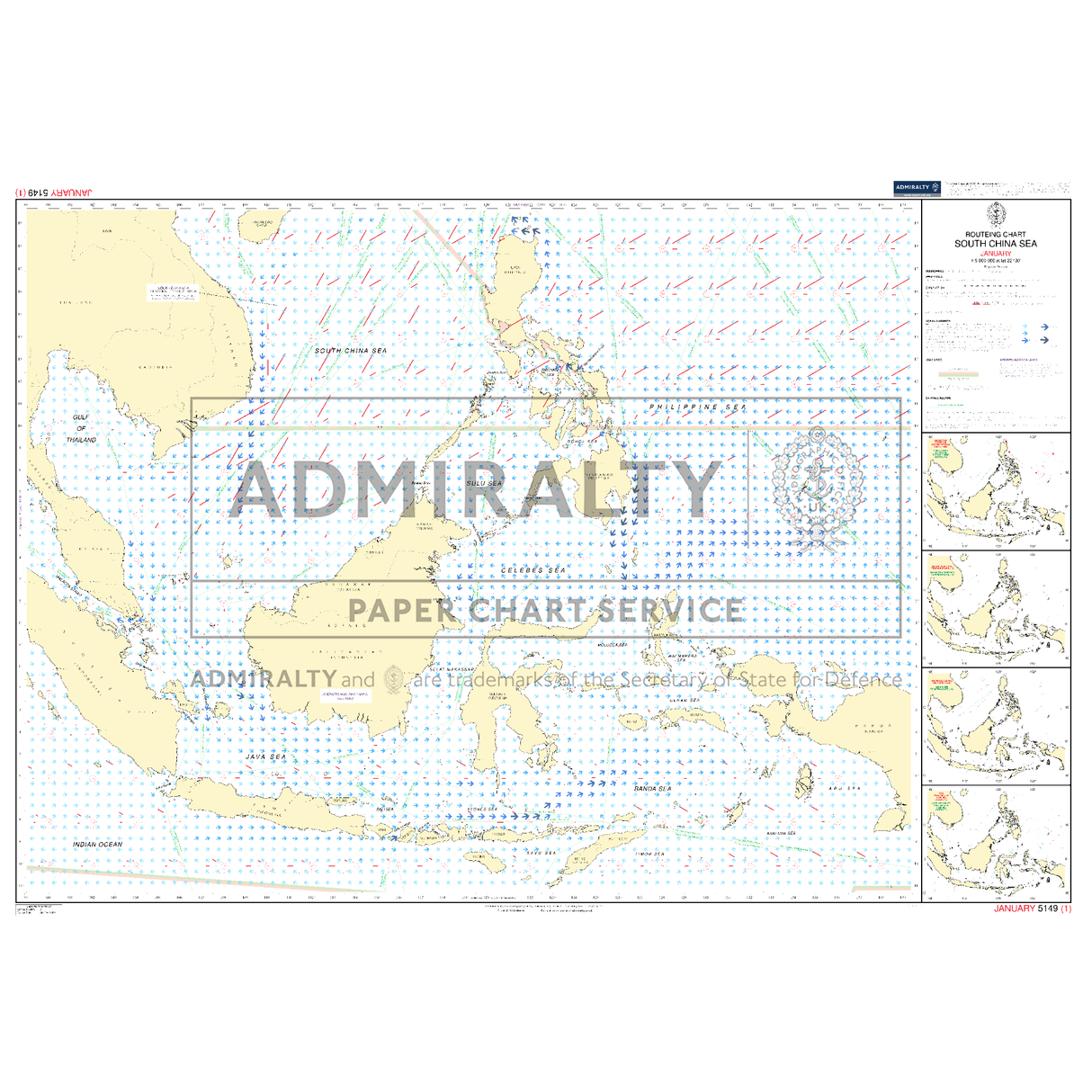 Admiralty Routeing Chart 5149(1): South China Sea - January by Admiralty shows Southeast Asia and parts of Australia, water depths, routes, and compass directions, with "ADMIRALTY PAPER CHART SERVICE" from the UK Hydrographic Office.