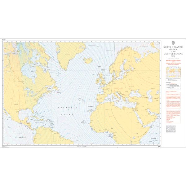 Product image of Admiralty Chart 5375 | North Atlantic Ocean - Magnetic Variation 2020 and Annual Rates of Change, featuring navigational markings, depth soundings, and coastal features, essential for safe marine navigation. It could be displayed as an art piece or used for navigation on a boat or ship.