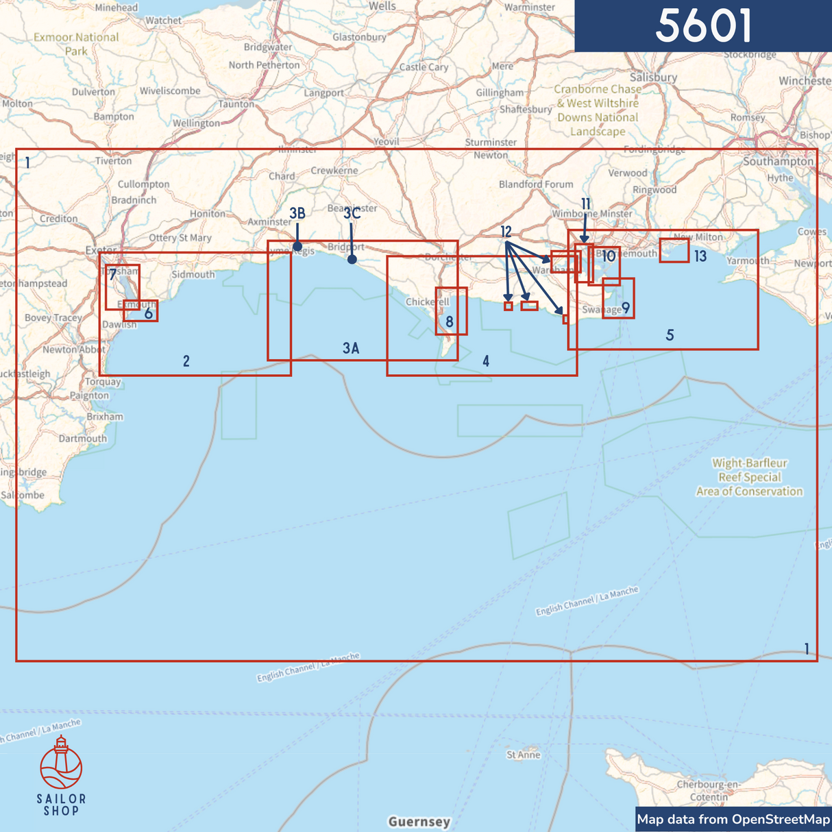 The Admiralty Small Craft Charts 5601: Full Folio provides detailed navigation from Weymouth to Littlehampton along the East Devon and Dorset Coasts, featuring marked lines, zones, and inset boxes for coastal regions with map data from OpenStreetMap and Admiralty Small Craft Charts.