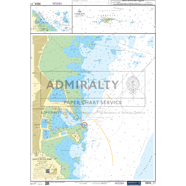 The Admiralty Small Craft Chart 5604_11: Saint Peter Port by Admiralty showcases the coastal region of Saint Peter Port. It offers detailed topography, water depths, navigational routes, and landmarks. The chart is equipped with navigation aids and includes insets of harbor entrances and significant locations for thorough guidance.
