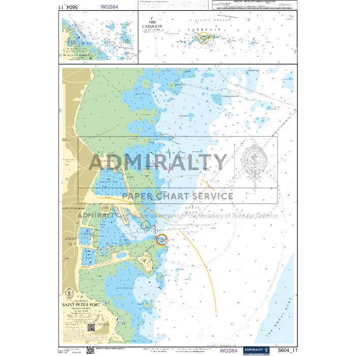 The Admiralty Small Craft Chart 5604_11: Saint Peter Port by Admiralty showcases the coastal region of Saint Peter Port. It offers detailed topography, water depths, navigational routes, and landmarks. The chart is equipped with navigation aids and includes insets of harbor entrances and significant locations for thorough guidance.