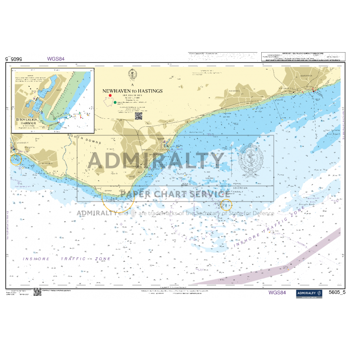 The Admiralty Small Craft Chart 5605_5: Newhaven to Hastings, produced by Admiralty, displays the southern coast of England with detailed maritime information such as coordinates, depths, and navigation aids, along with insets showing specific coastal areas.
