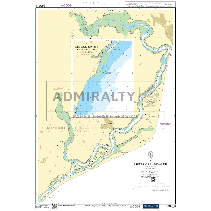 The Admiralty Small Craft Chart 5607, part of the Thames Estuary series for Essex and Suffolk by Admiralty, depicts navigation routes, depths, and surrounding land features ideal for small craft charts. It includes detailed insets of Orford Haven and nearby approaches for safe coastal navigation. The chart features various notations, coordinates in WGS84, and references Weekly Notices to Mariners.