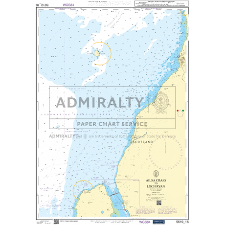 Admiralty's Small Craft Charts - 5610, titled "The Firth of Clyde," feature detailed nautical mapping of the Ailsa Craig and Loch Ryan areas, including precise coastline details, navigation aids, and depth contours. It includes coordinates on the border and is perfect for coastal navigation.