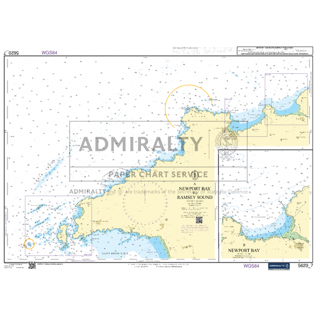 The Admiralty Small Craft Chart 5620_7: Newport Bay to Ramsey Sound, from the brand Admiralty, produced by the UK Hydrographic Office, provides detailed information on Newport Bay and Ramsey Sound. It features depth markers, navigational aids, and geographic details along with insets for specific areas to support maritime navigation.