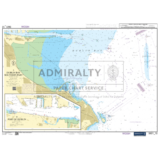 The Admiralty Small Craft Chart 5621_12: Dublin Bay Southern Part provides a detailed nautical chart of the southern region of Dublin Bay, featuring navigation aids and important details like depths and shipping lanes. It includes areas marked with WGS84 with the precision characteristic of Admiralty Small Craft Charts, ensuring mariners have access to the most current charts for safe navigation.