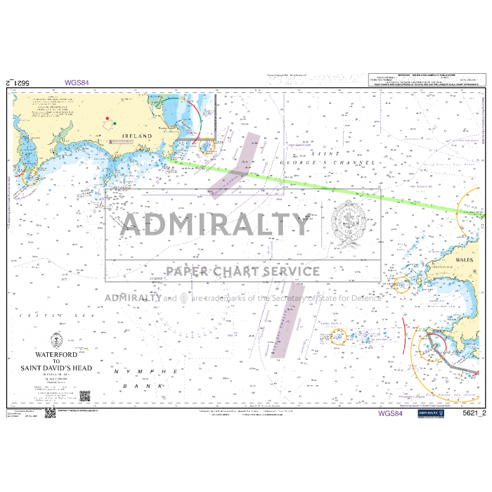 The Admiralty Small Craft Chart 5621_2: Waterford to Saint David's Head provides coastal outlines, navigational markers, and depth indicators. Produced by the UK Hydrographic Office for the Admiralty brand, it features tidal information for Ireland and the UK, alongside various maritime details.