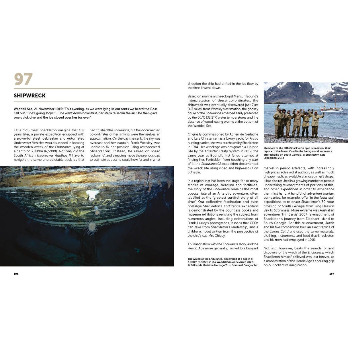 Pages 184 and 185 of "Antarctica" by Conway explore a shipwreck's history, showcasing dark beams underwater. It delves into its storied past with images of snow-capped mountains and a stone monument, highlighting Antarctica's climate challenges.