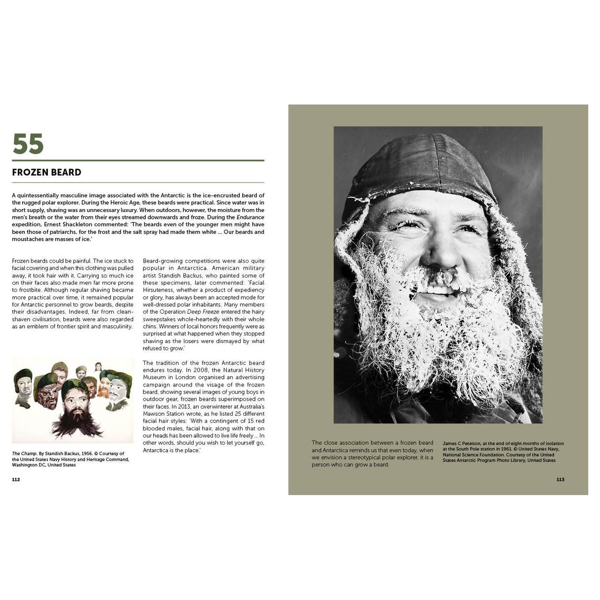 A page from Conway's "Antarctica" features a black and white photo of a smiling person with an icy beard and mustache in cold-weather gear, exploring the cultural significance of beards in polar exploration, particularly their role in Antarctica's history.