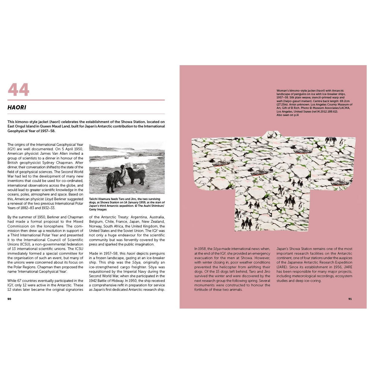 A page featuring Conway's "Antarctica" kimono-style jacket in black and white, alongside an article on haoris and a historic photo of explorers in snow with animals. The text explores the haori's cultural significance and connection to Japan's Antarctic exploration history.