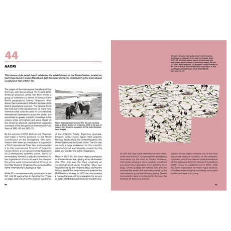 A page featuring Conway's "Antarctica" kimono-style jacket in black and white, alongside an article on haoris and a historic photo of explorers in snow with animals. The text explores the haori's cultural significance and connection to Japan's Antarctic exploration history.