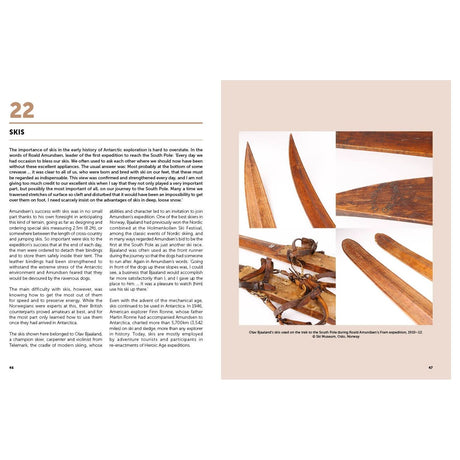 The book "Antarctica" by Conway features a two-page spread on the historical role of skis in Antarctic exploration, showing text and images of old wooden skis and bindings against the harsh climate, visible on pages 46 and 47.