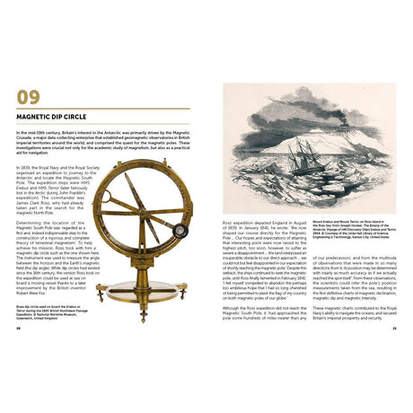 A vintage magnetic dip circle is on display with intricate brass components, complemented by text about its role in exploration and Antarctica's history. Nearby is an old illustration of a ship navigating icy waters. Product: Antarctica, Brand: Conway.