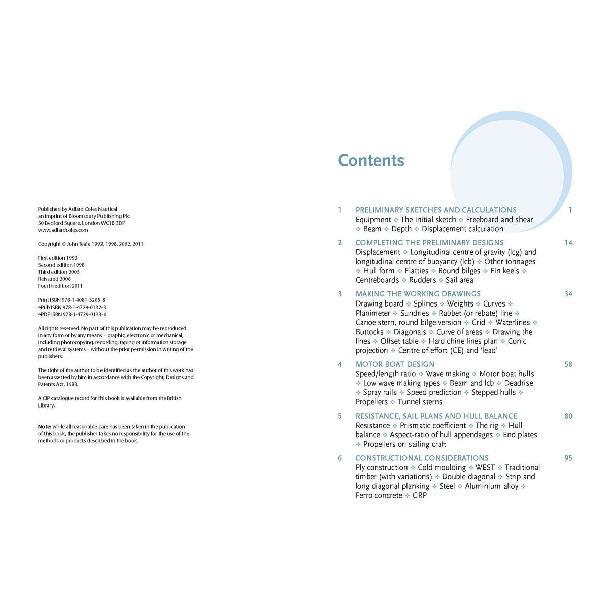 The contents page of "How to Design a Boat" by Adlard Coles lists chapters like "Preliminary Sketches and Calculations," "Completing the Preliminary Boat Design," and more—a comprehensive guide for powerboat enthusiasts.