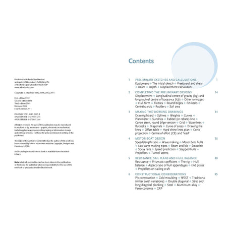 The contents page of "How to Design a Boat" by Adlard Coles lists chapters like "Preliminary Sketches and Calculations," "Completing the Preliminary Boat Design," and more—a comprehensive guide for powerboat enthusiasts.