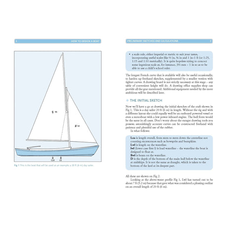 The "How to Design a Boat" by Adlard Coles features a sailboat diagram with labeled dimensions, focusing on design elements like stability and balance similar to cruising yachts. It includes sketching tips, measurement calculations, and guidance for a 20 ft (6 m) day sailer's outline.