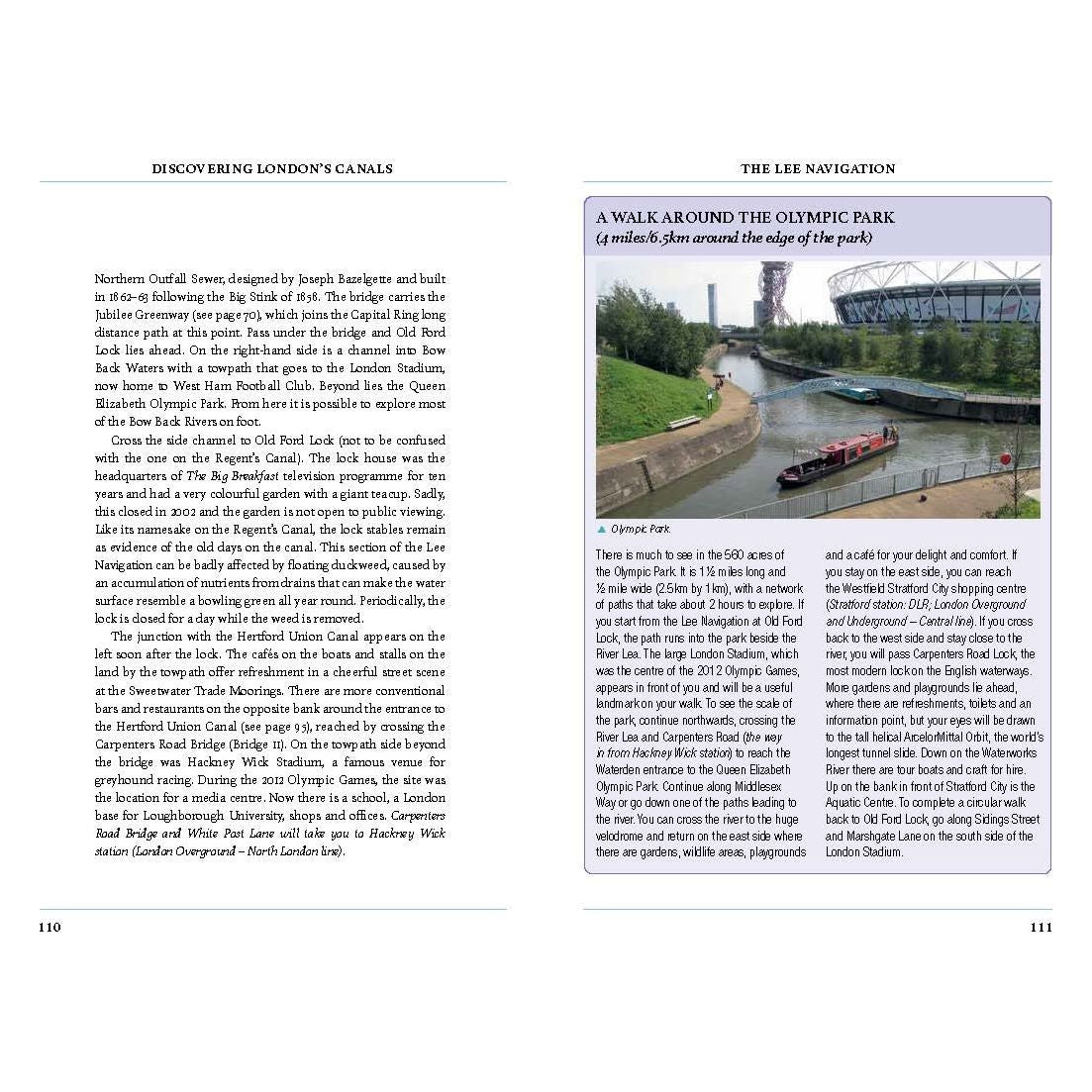 A two-page spread in Adlard Coles' "Discovering London's Canals" delves into London's waterways. The left page covers Regent's Canal with a map and history, while the right features a scenic walking guide around Olympic Park, highlighting captivating points of interest.