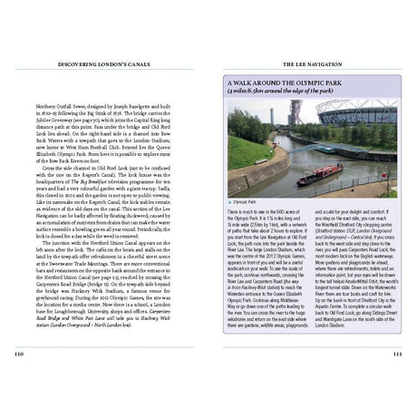 A two-page spread in Adlard Coles' "Discovering London's Canals" delves into London's waterways. The left page covers Regent's Canal with a map and history, while the right features a scenic walking guide around Olympic Park, highlighting captivating points of interest.