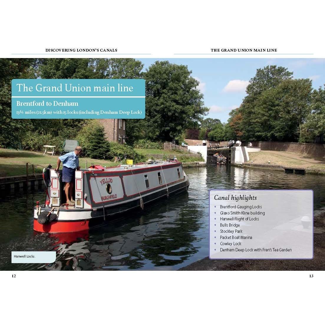 A narrowboat enters Hanwell Locks on the Grand Union Canal's scenic route, navigating lush landscapes. "Discovering London's Canals" by Adlard Coles highlights canal features and explores London's canals along the Grand Union main line from Brentford to Denham.