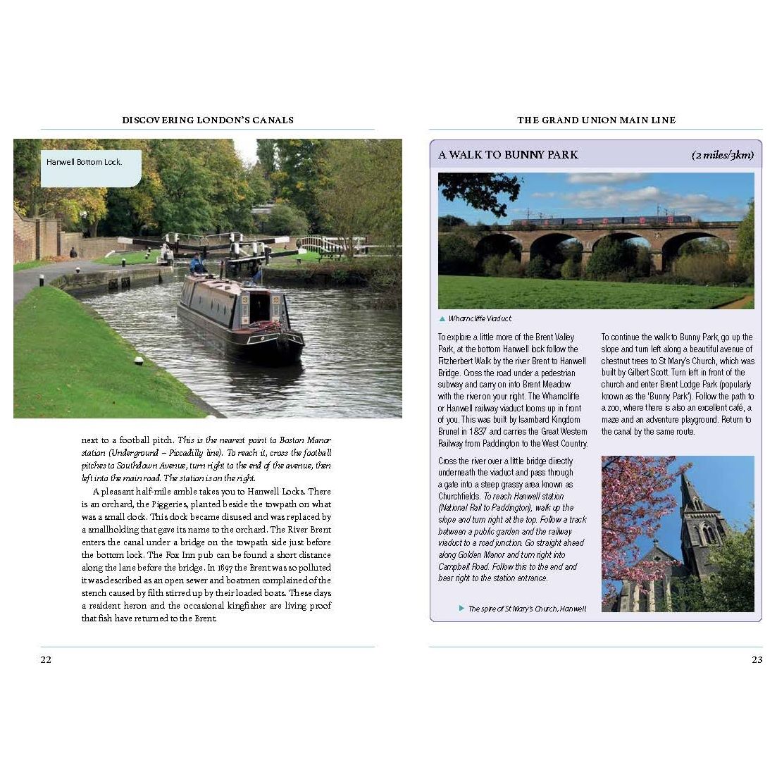 The Discovering London's Canals book by Adlard Coles captures a canal boat gliding through Hanwell Bottom Lock, surrounded by lush greenery. It explores waterways, featuring "A Walk to Bunny Park," a picturesque 2-mile canal journey, enhanced by an intriguing top photo.