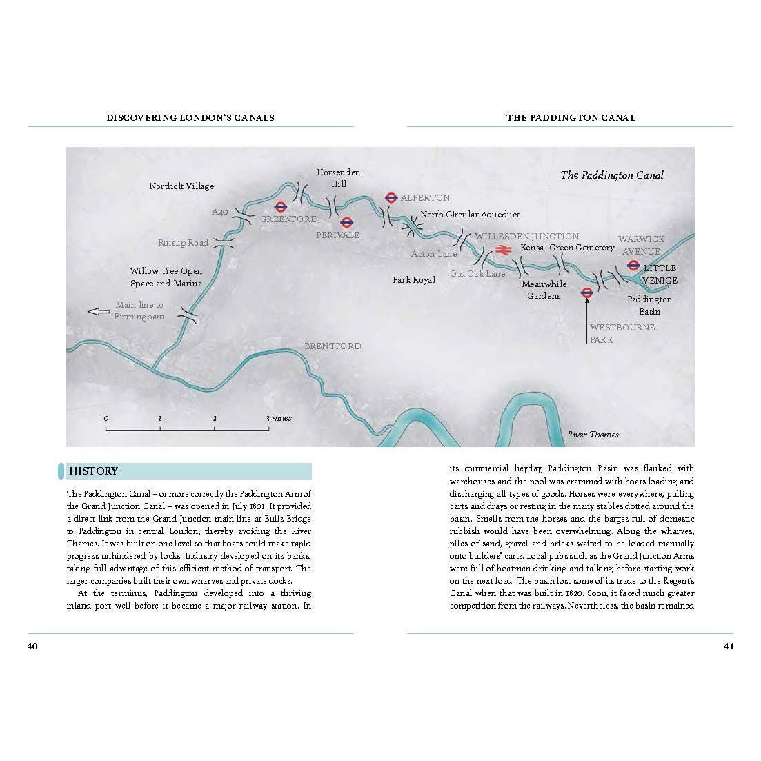 Discovering London's Canals" by Adlard Coles maps The Paddington Canal, highlighting scenic routes and nearby spots like Norholt Village and Apsley. Includes canal history, opening date, and developments. Pages 40-41 featured.