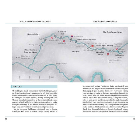 Discovering London's Canals" by Adlard Coles maps The Paddington Canal, highlighting scenic routes and nearby spots like Norholt Village and Apsley. Includes canal history, opening date, and developments. Pages 40-41 featured.