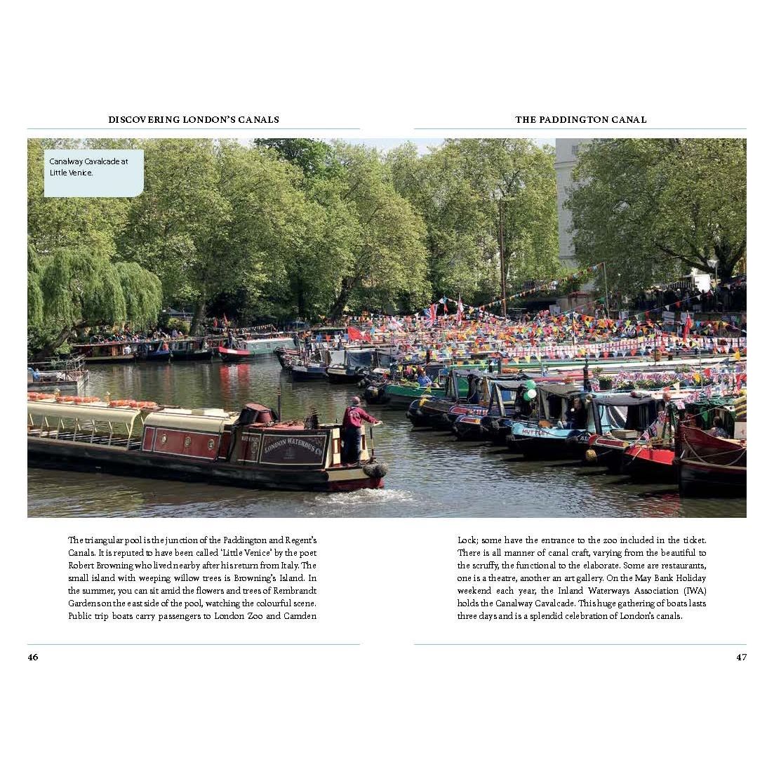 Lively canal scenes from "Discovering London's Canals" by Adlard Coles feature colorful narrowboats lining both sides, people gathering on boats and banks in the sun. Trees border the canal, enhancing a vibrant and festive atmosphere.