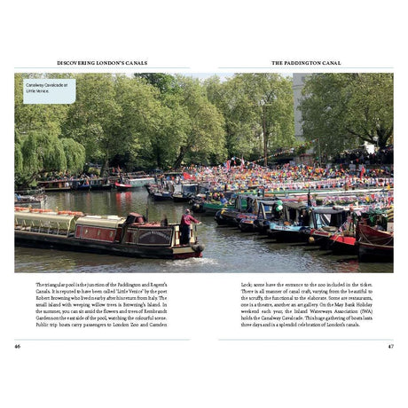 Lively canal scenes from "Discovering London's Canals" by Adlard Coles feature colorful narrowboats lining both sides, people gathering on boats and banks in the sun. Trees border the canal, enhancing a vibrant and festive atmosphere.